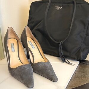 Prada Gray Suede Pointed-Toe Pumps with locking laptop bag